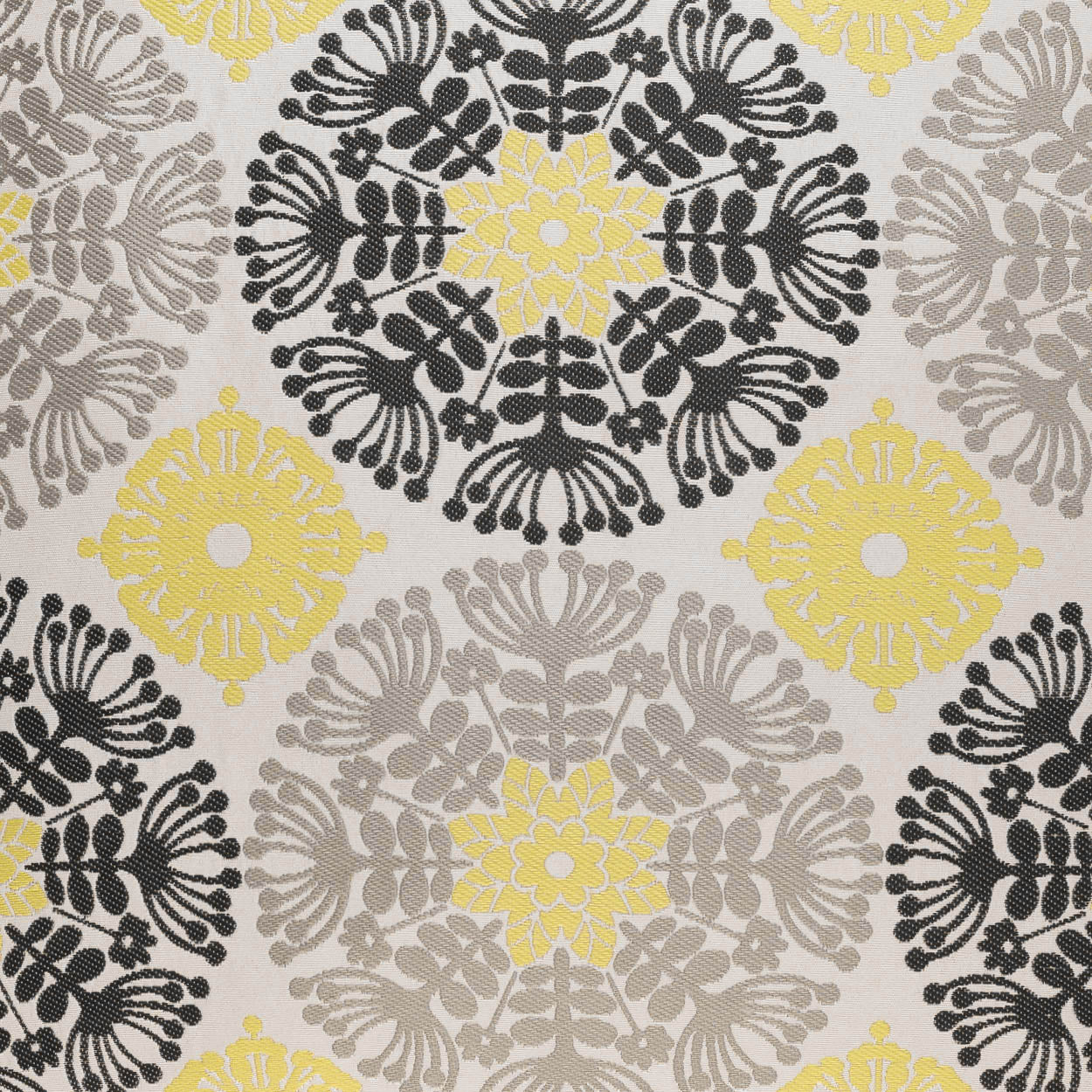 Fabric with repeating black, gray & yellow mandala-like medallions on ivory background.