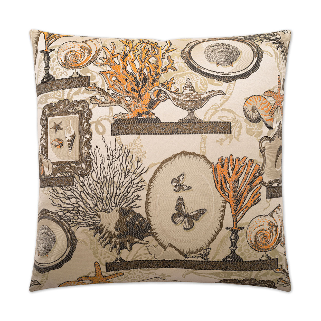 Square tapestry pillow in beige with sea-life print: coral, shells, medallions and butterflies in brown and orange.