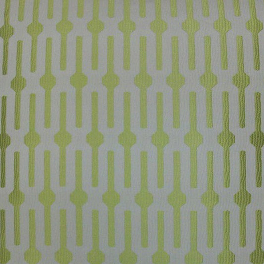 Lime green geometric repeating pattern on white fabric; vertical linked shapes for upholstery or crafts.