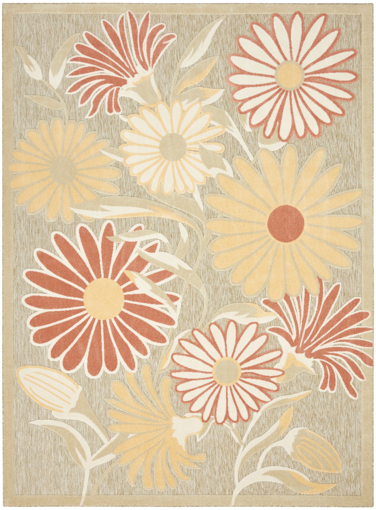 Beige floral area rug with large red, yellow and cream daisies and tan border.