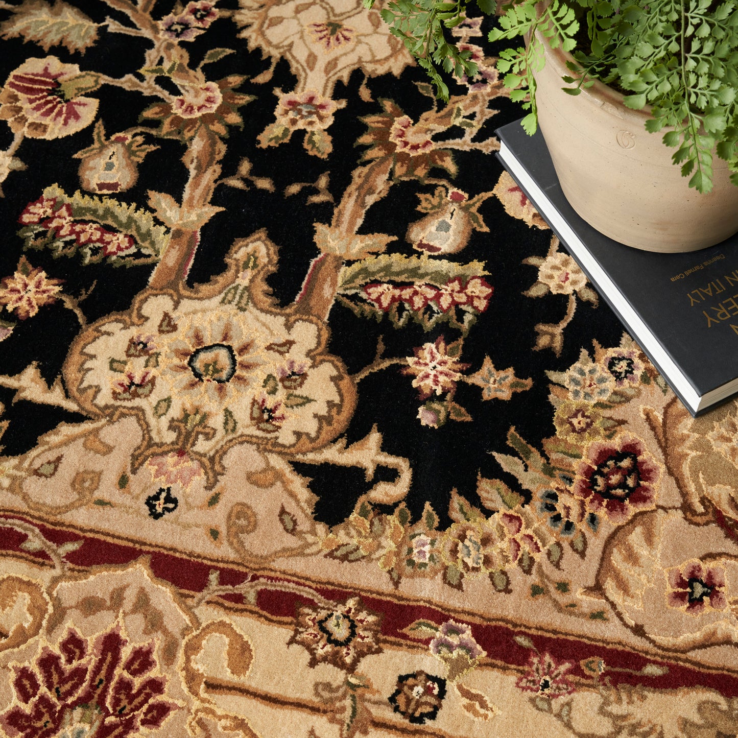 Intricate oriental rug with black field, beige floral medallions & a maroon border; plant pot & book nearby.