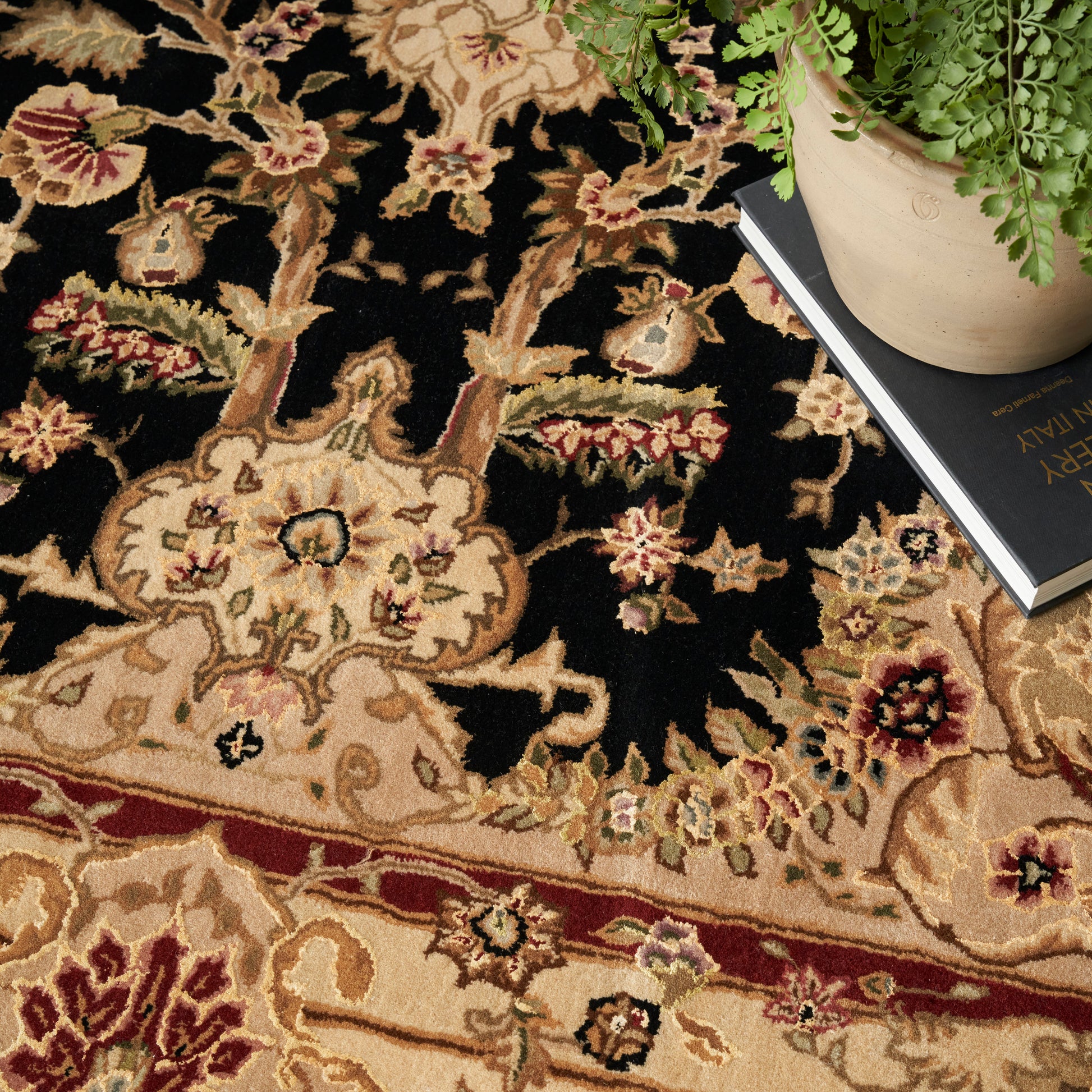 Intricate oriental rug with black field, beige floral medallions & a maroon border; plant pot & book nearby.