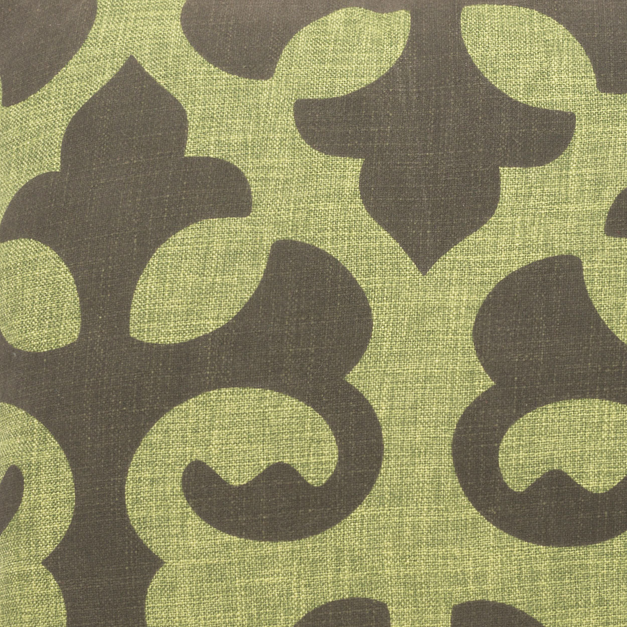 Lime green linen fabric with dark brown large damask arabesque motifs, textured weave.