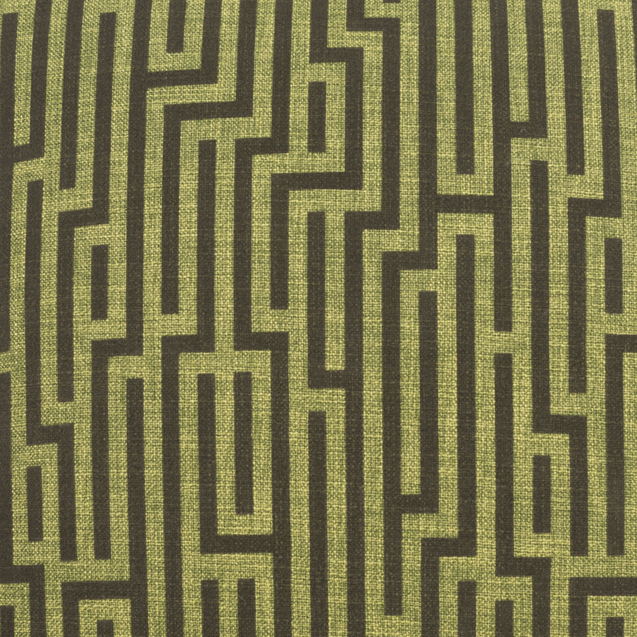 Olive green fabric with a brown geometric rectangular labyrinth maze pattern.