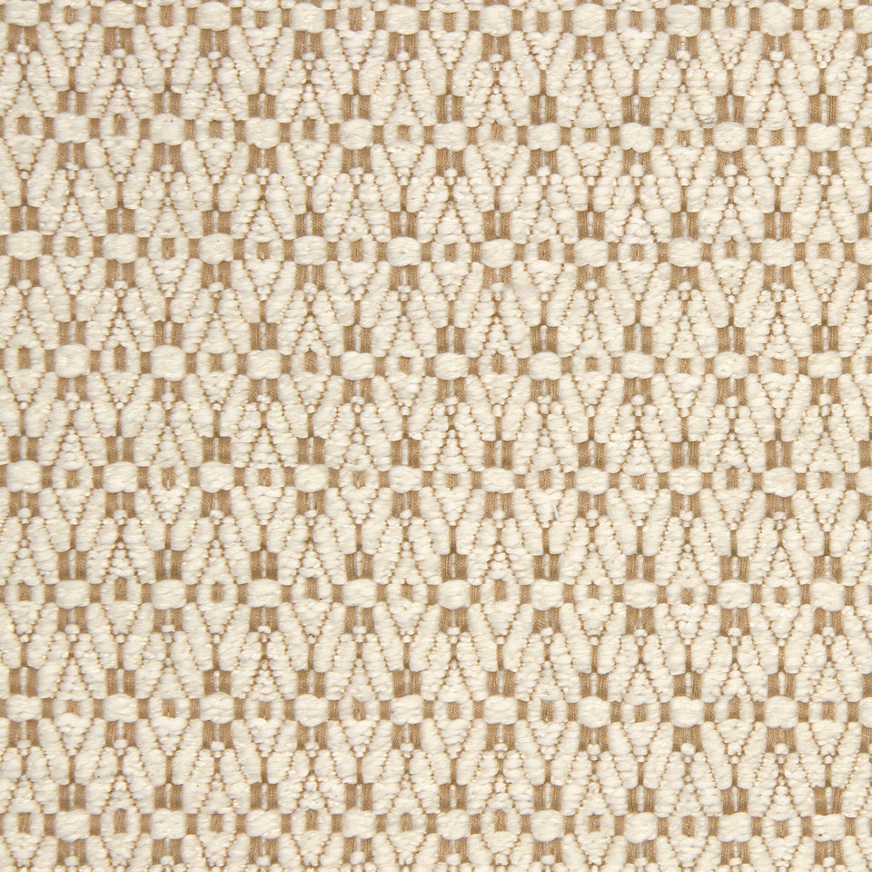 Beige cream woven fabric with a repeating geometric lattice pattern; textured upholstery fabric.