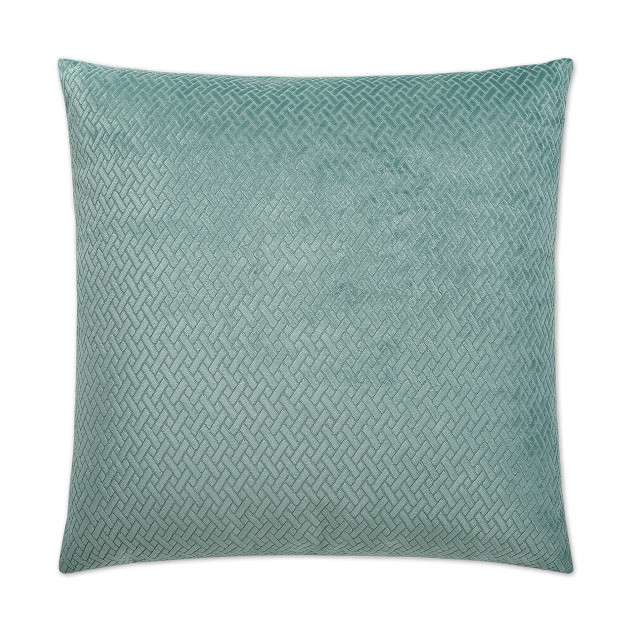 Teal square decorative pillow with a raised geometric lattice pattern and soft velvety texture.