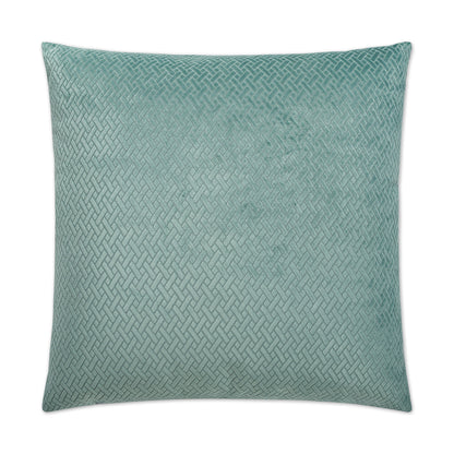 Teal square decorative pillow with a raised geometric lattice pattern and soft velvety texture.