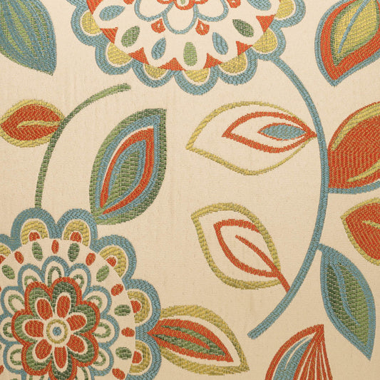 Cream fabric with bold teal, orange, red, and lime floral and leaf pattern.