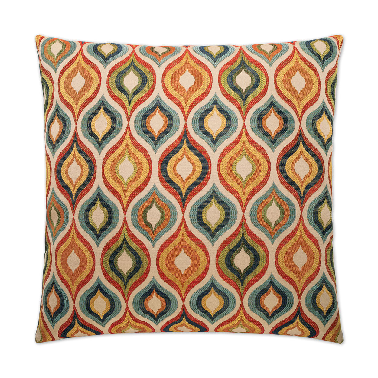 Decorative woven throw pillow, 24 x 24 inches, with a repeating teardrop/eye pattern in orange, teal, yellow and cream on beige.