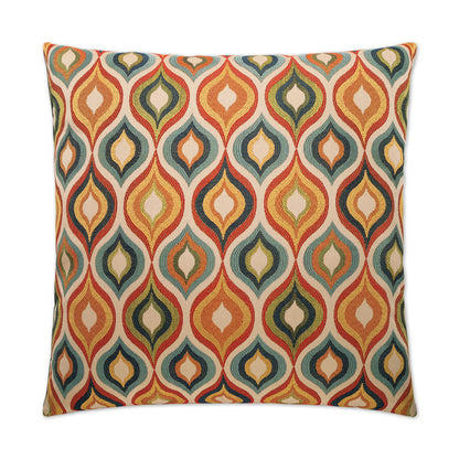 Decorative woven throw pillow, 24 x 24 inches, with a repeating teardrop/eye pattern in orange, teal, yellow and cream on beige.