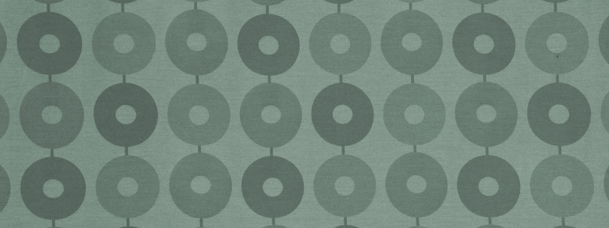 Mint green fabric with a repeating grey interlinked ring pattern; geometric donut shapes for wallpaper or upholstery.