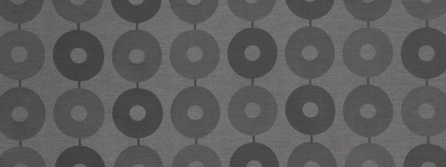 Repeating gray concentric circle pattern with hollow centers in a grid; modern textured wallpaper or fabric.