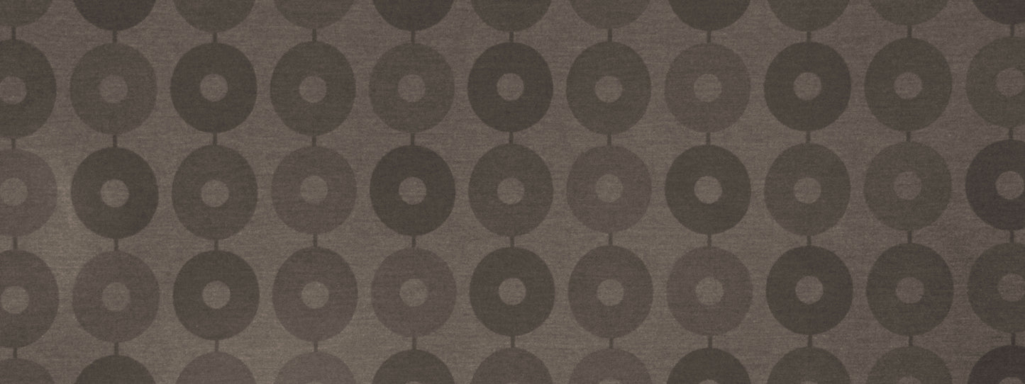 Taupe and chocolate brown circular donut pattern on fabric; retro geometric upholstery or wallpaper