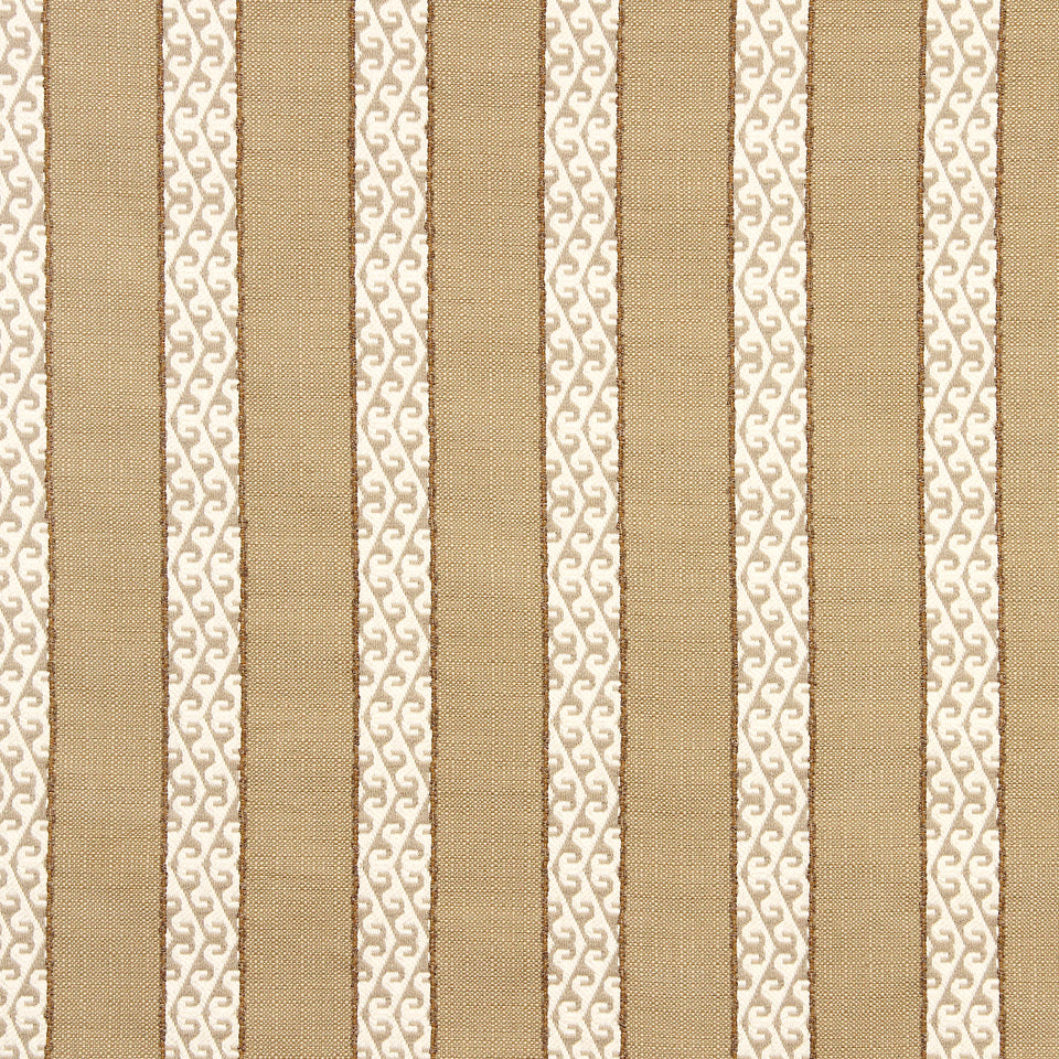 Beige woven fabric upholstery with alternating solid tan bands and cream stripes featuring brown scroll patterns.