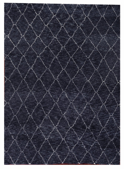 Dark navy rug with a light silver-gray diamond lattice pattern, rectangular plush texture, modern geometric style.