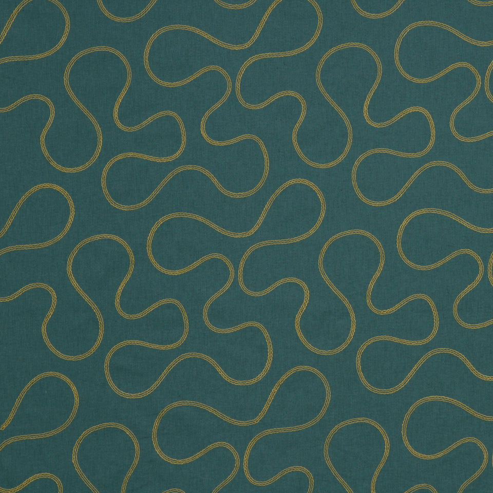 Teal upholstery fabric with a gold serpentine loop pattern.