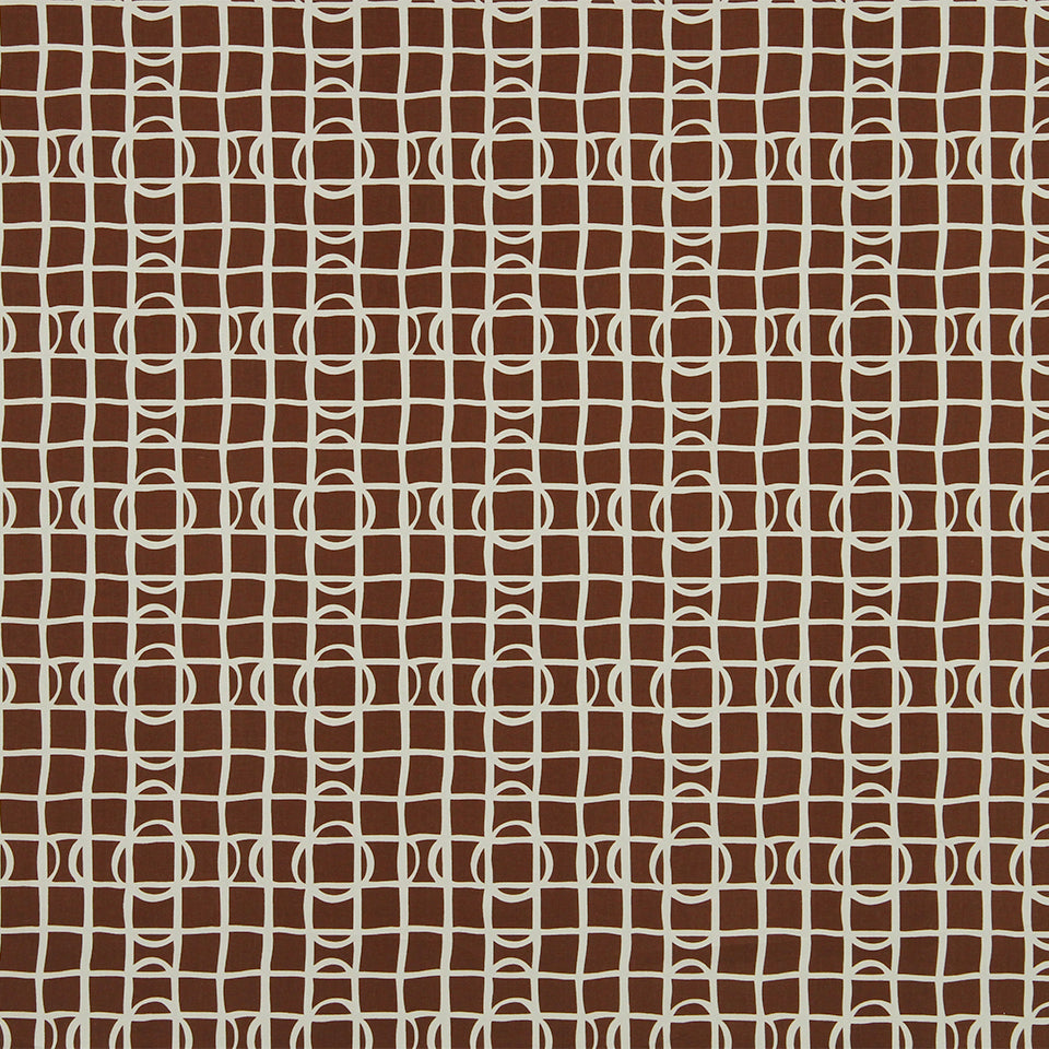 Brown background with cream lattice-style grid of squares and circles, retro decor pattern.