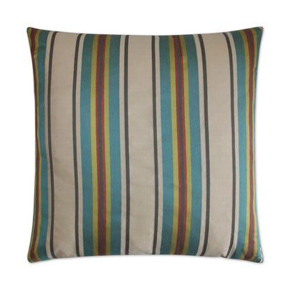 Square decorative pillow with beige background and vertical multicolor stripes in teal, blue, green, red and yellow; 24" x 24