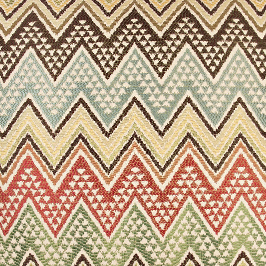 Multicolor chevron woven fabric with zigzag stripes and small triangle motifs in brown, cream, blue, yellow, red and green.