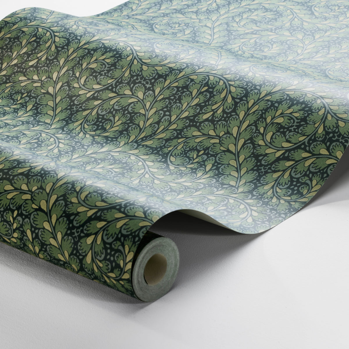 Rolled wallpaper with blue-green background and ornate olive-green leafy damask pattern; decorative wall covering.