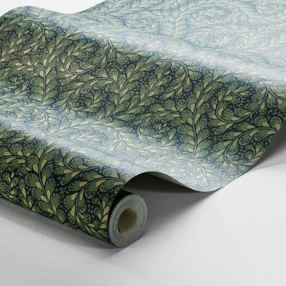 Rolled wallpaper with blue-green background and ornate olive-green leafy damask pattern; decorative wall covering.