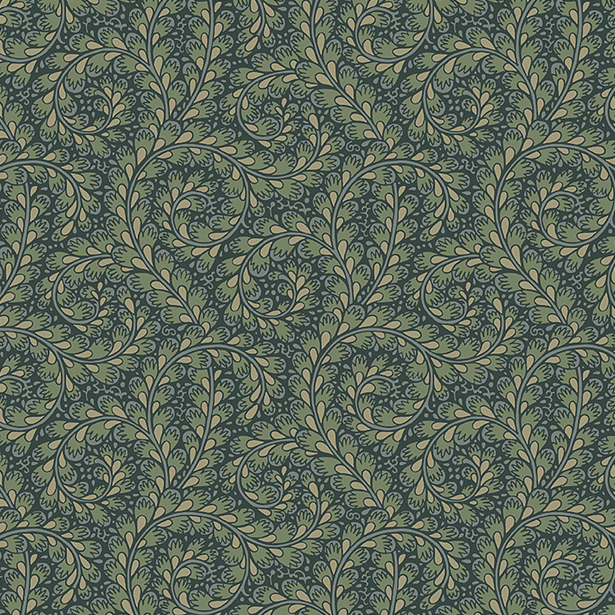 Teal background with olive-green scrolling botanical damask pattern; ornate wallpaper texture.
