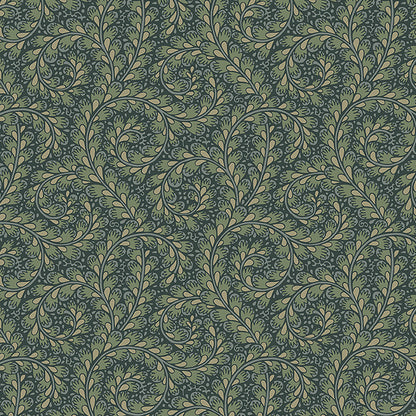Teal background with olive-green scrolling botanical damask pattern; ornate wallpaper texture.