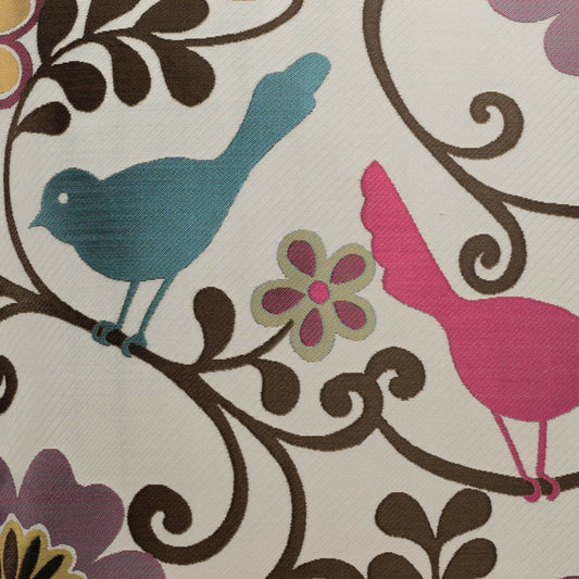 Cream fabric with teal blue and pink birds perched on brown swirling vines and colorful flowers.