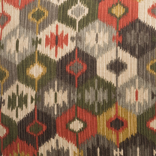 Woven ikat-style geometric fabric with colorful diamond shapes in red, olive, cream, gray, black, mustard; upholstery textile.