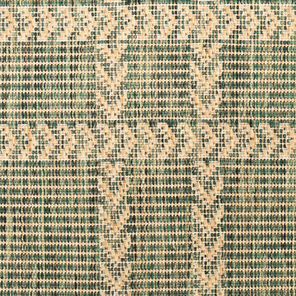 Beige & emerald green woven rug with diamond geometric pattern.