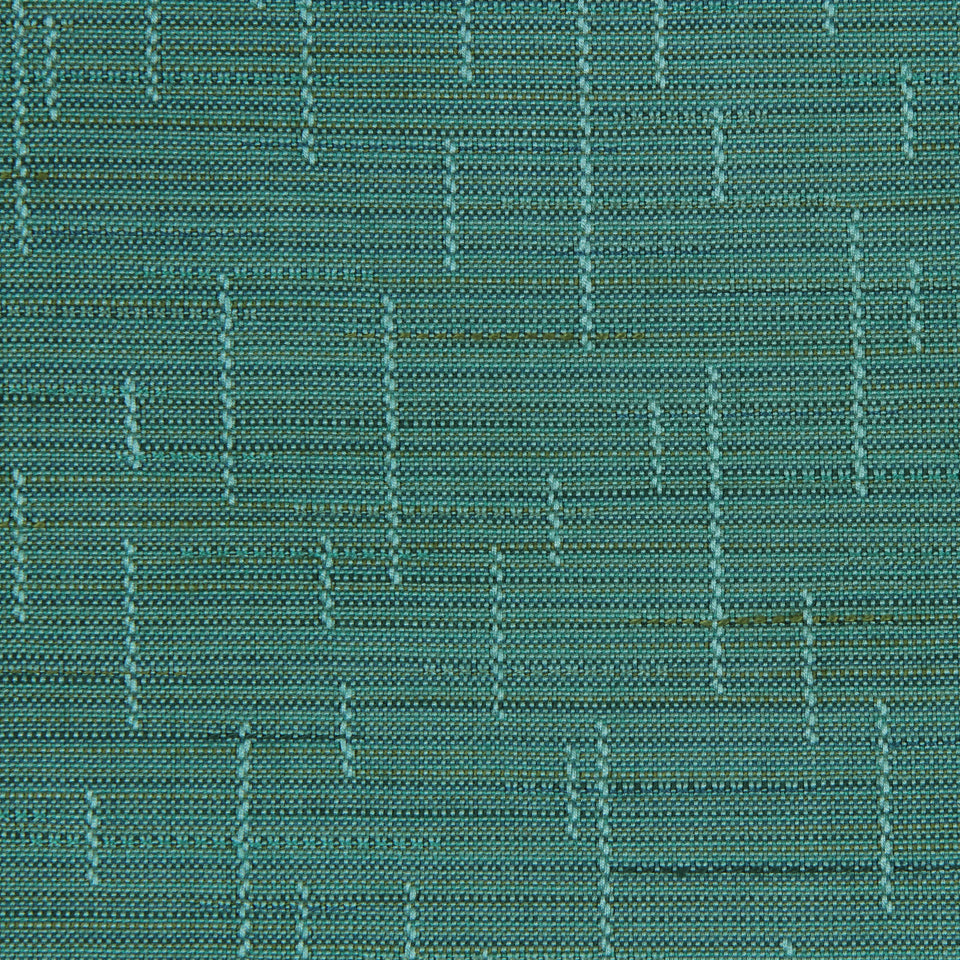 Teal woven upholstery fabric with a subtle grid pattern and light blue accents.