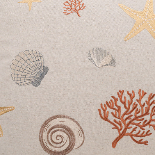 Beige fabric with coastal print: orange coral, gray seashells & starfish pattern for home decor or upholstery.
