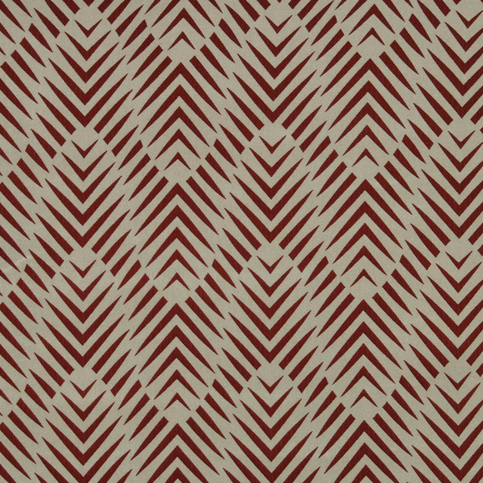 Deep currant zebra-geometric upholstery fabric on a beige background.