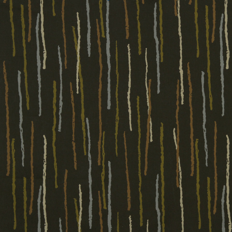 Dark fabric with narrow vertical brushstroke streaks in olive, brown, tan and gray.