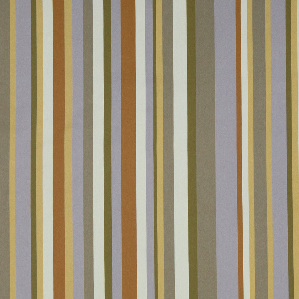 Vertical striped pattern in mustard yellow, olive, brown, gray and taupe; varying stripe widths on a muted textile.