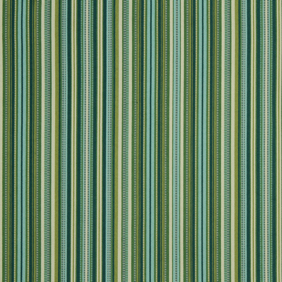 Vertical striped fabric in greens and teals with dotted accents; bold, classic upholstery fabric suitable for curtains.