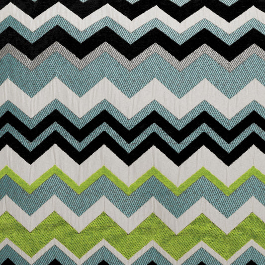 Chevron zigzag fabric in black, white, sky blue, gray and lime green; textured woven textile for decor or upholstery.