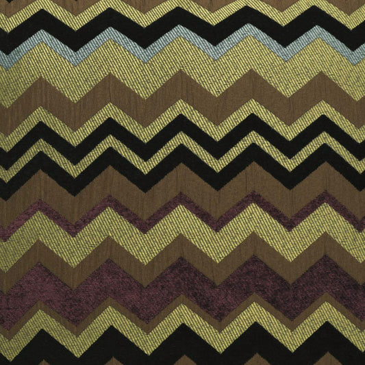 Chevron zigzag upholstery fabric in gold, olive, brown, black, gray and purple tones woven texture for furniture or cushions