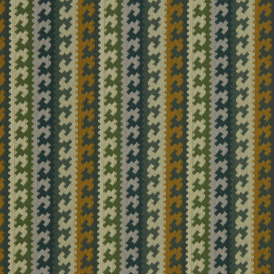 Woven fabric with houndstooth motifs in olive, mustard, beige, teal and gray; versatile upholstery or crafts.