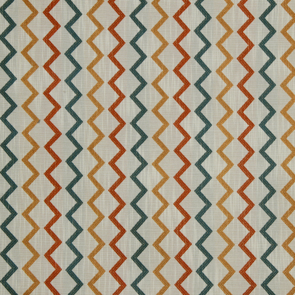 Geometric zigzag stripe pattern in teal, orange and ochre on beige; retro textile for upholstery or decor.