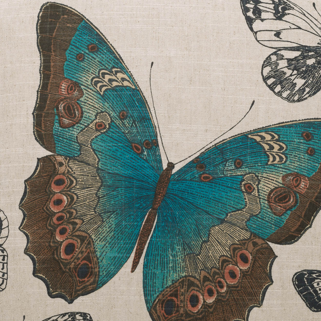Fabric with turquoise butterfly print on beige linen-like background; brown wing edges and eye spots.