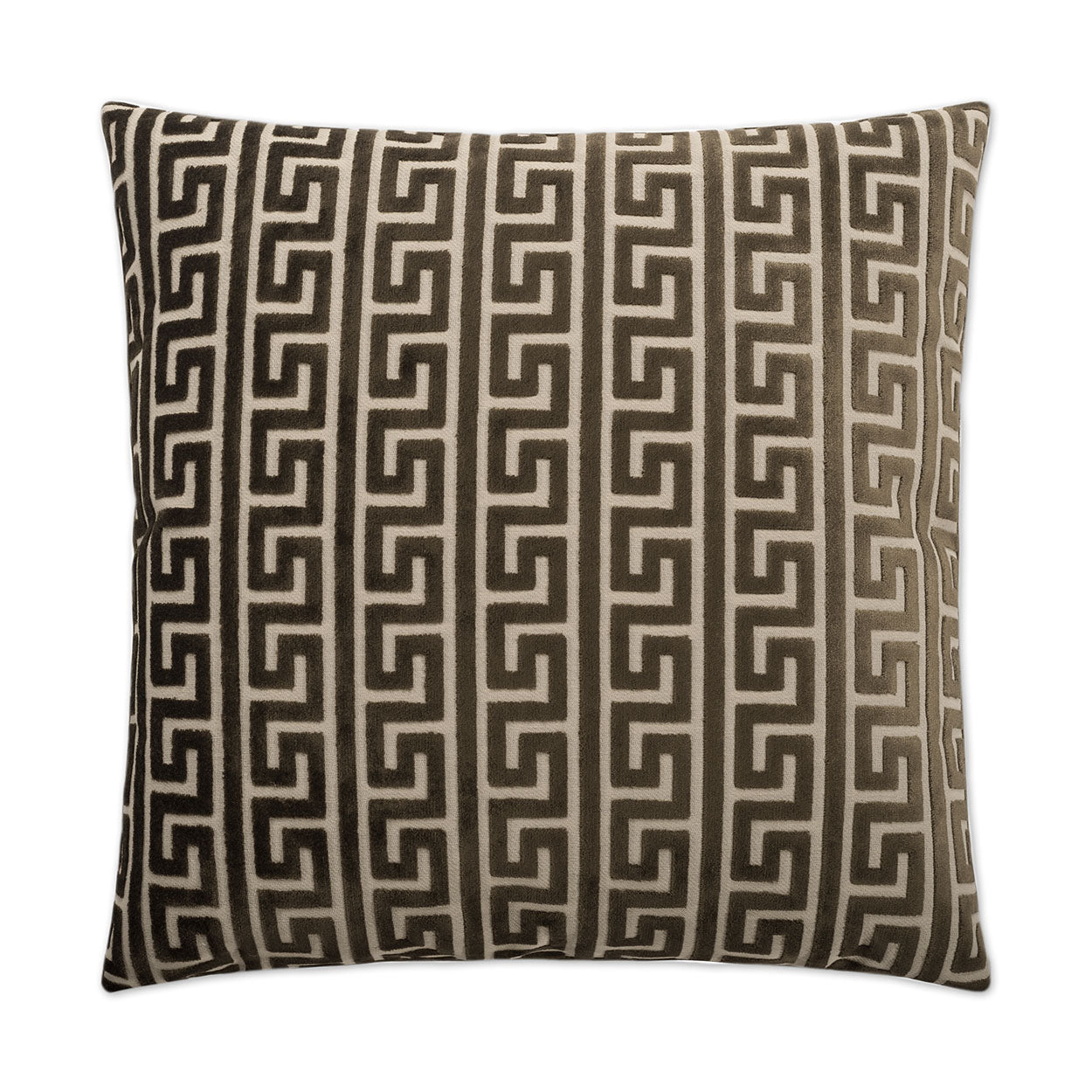 Brown & beige Greek key pattern square decorative pillow with soft woven fabric.