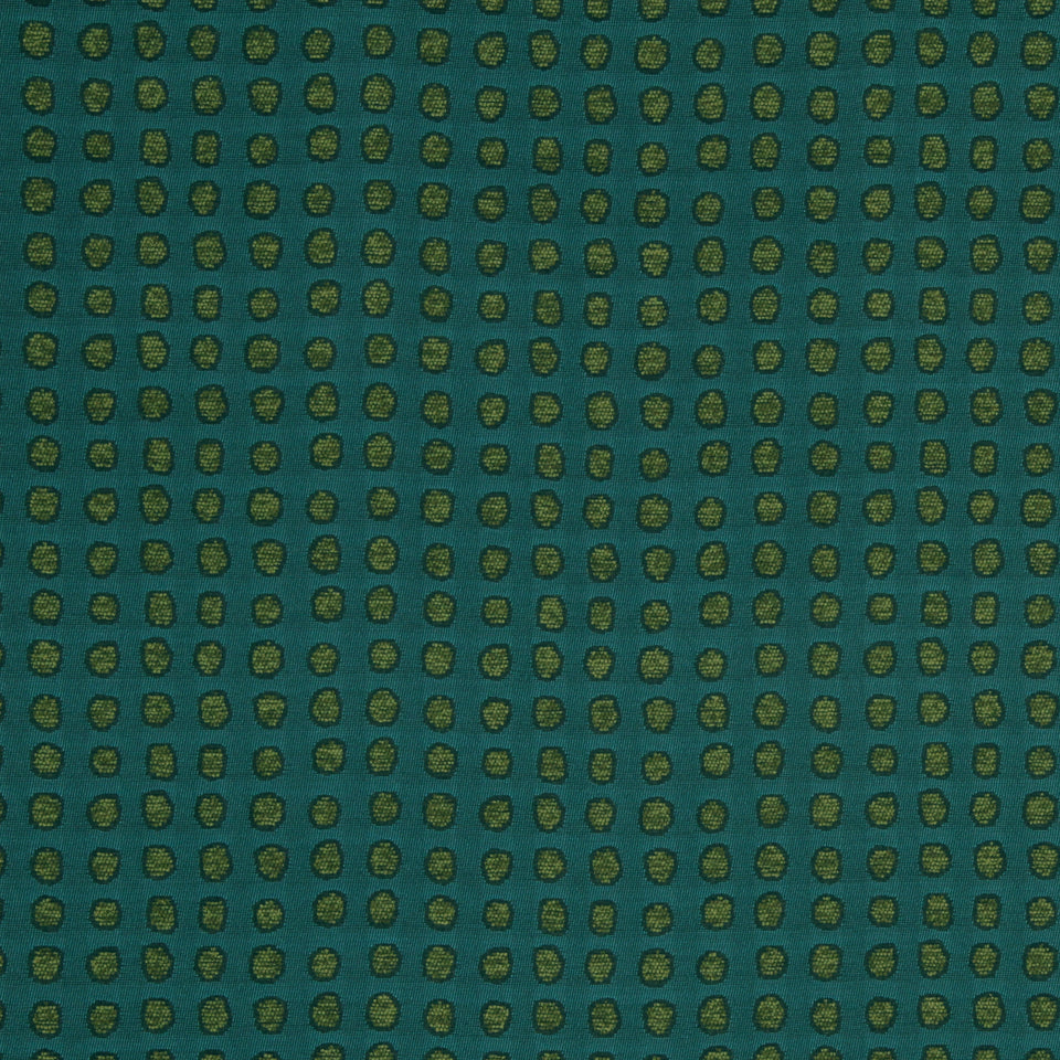 Turquoise fabric with a repeating pattern of small gold circles and a grid-like dotted texture; suitable for upholstery or crafts.