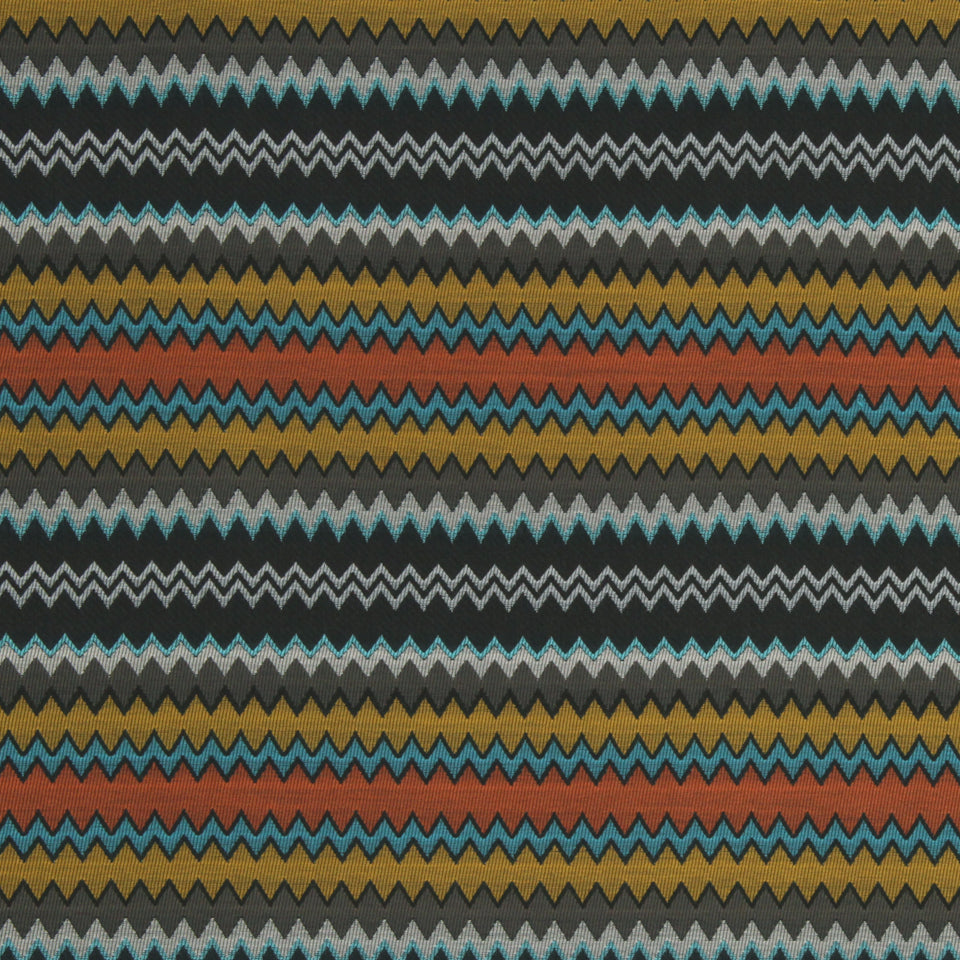 Chevron zigzag turquoise upholstery fabric with jagged edge pattern.