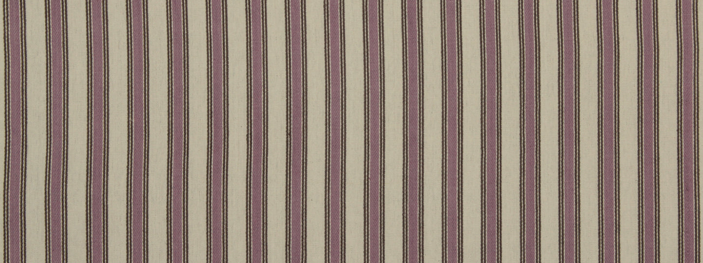 Vertical striped fabric pattern in beige, taupe, brown and dusty purple; woven textile ideal for upholstery or drapery.