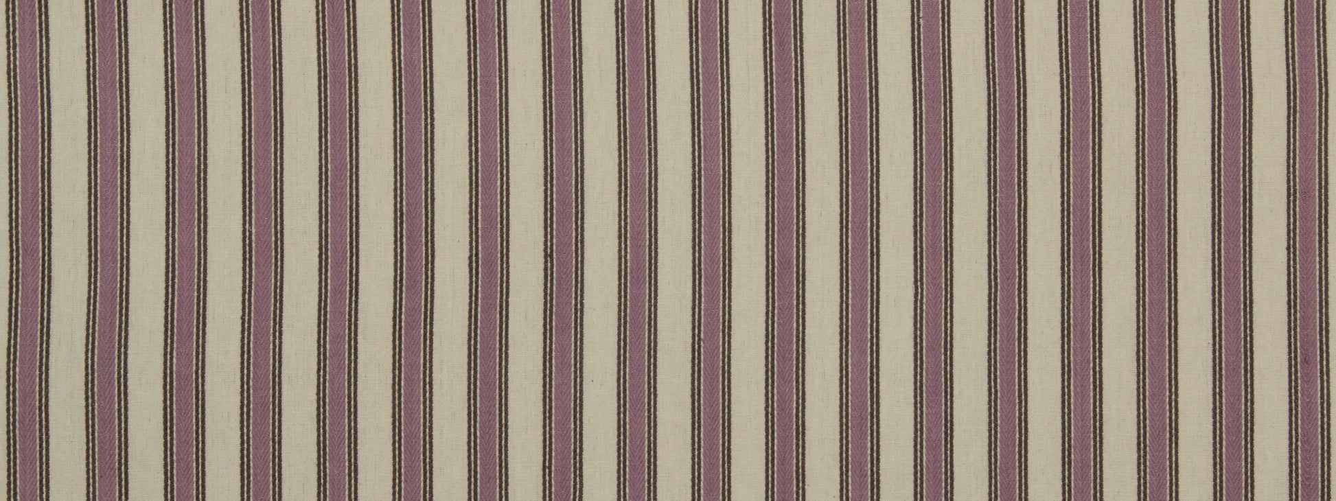 Vertical striped fabric pattern in beige, taupe, brown and dusty purple; woven textile ideal for upholstery or drapery.