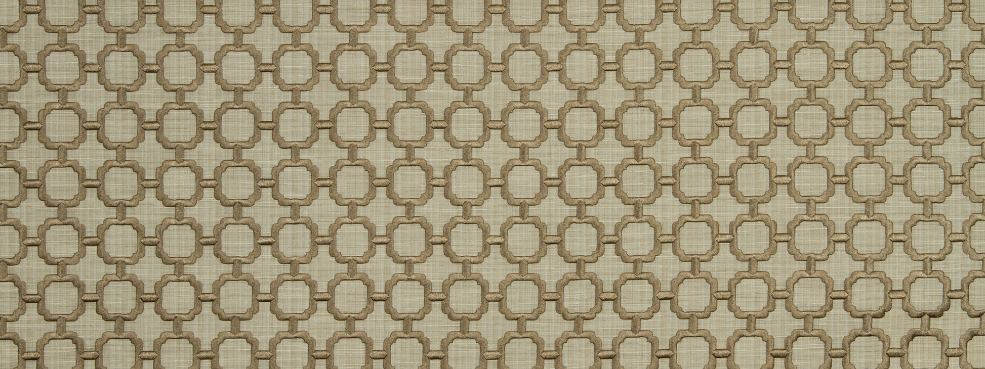 Beige wallpaper with tan interlocking circles & squares geometric lattice pattern