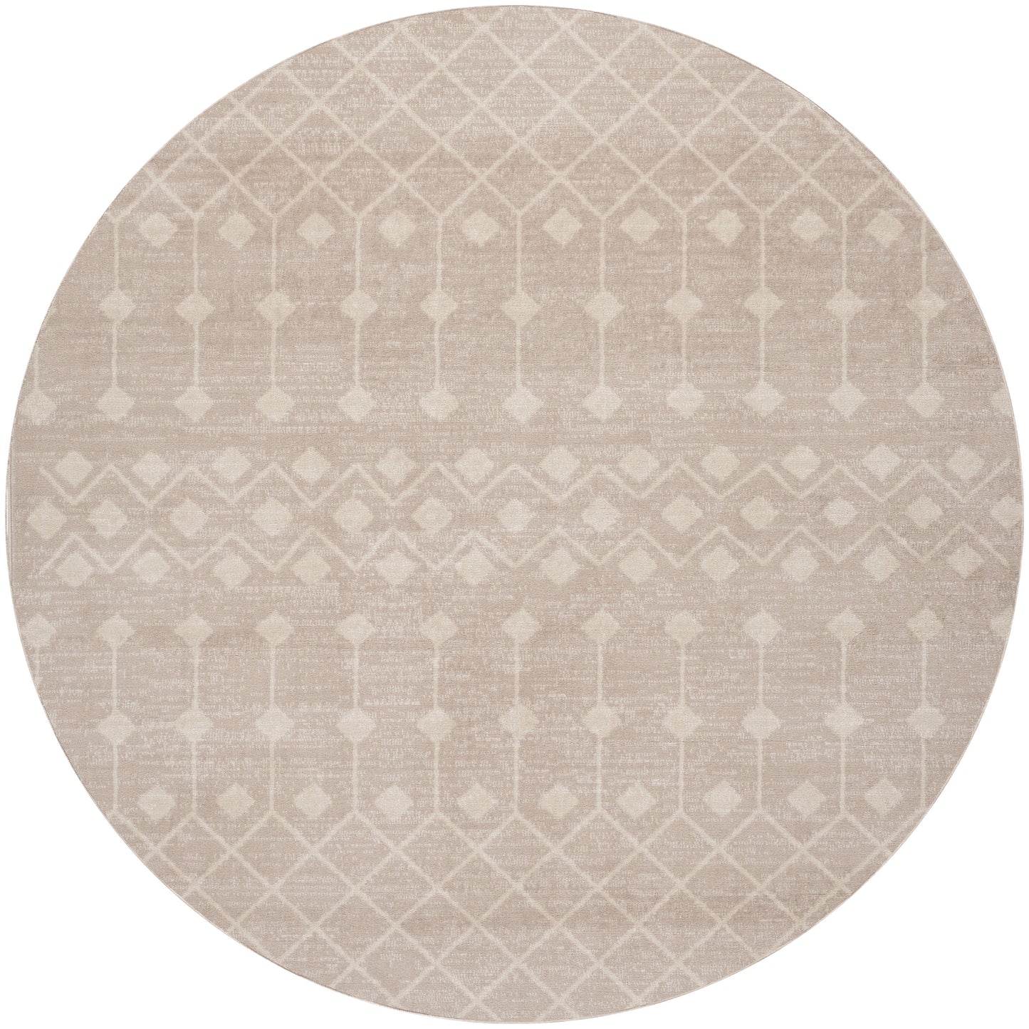 Round beige rug with subtle white geometric diamond lattice pattern and soft woven texture.