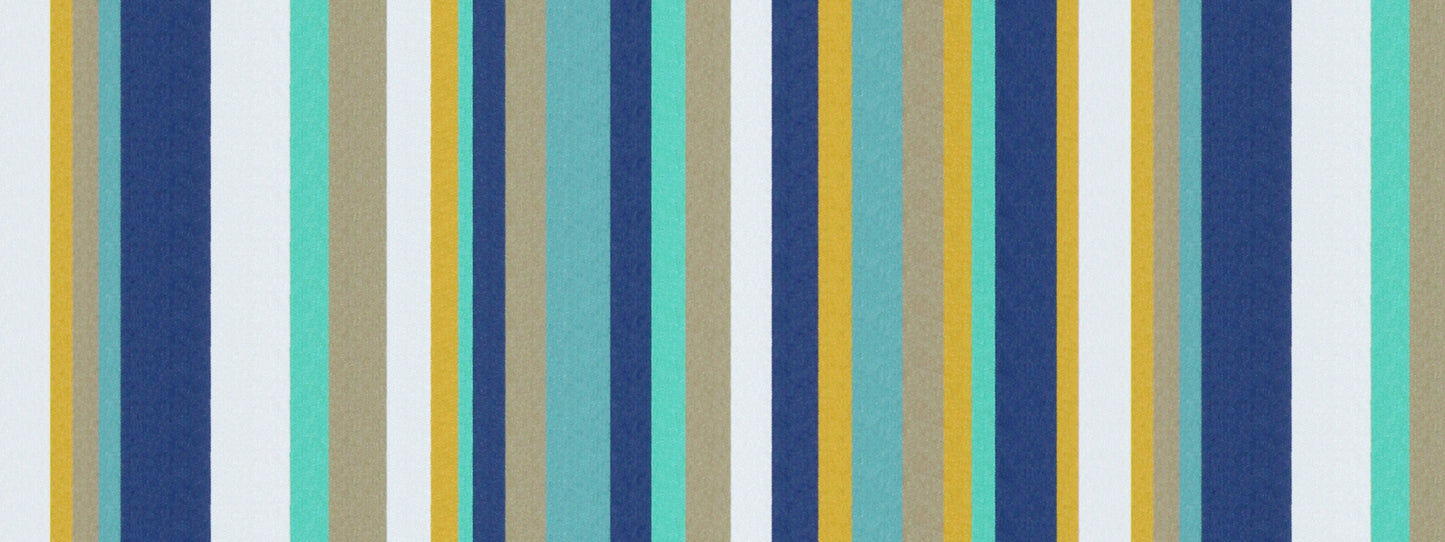 Vertical multicolor stripe pattern in navy, blue, teal, mint, yellow and gray on upholstery fabric.
