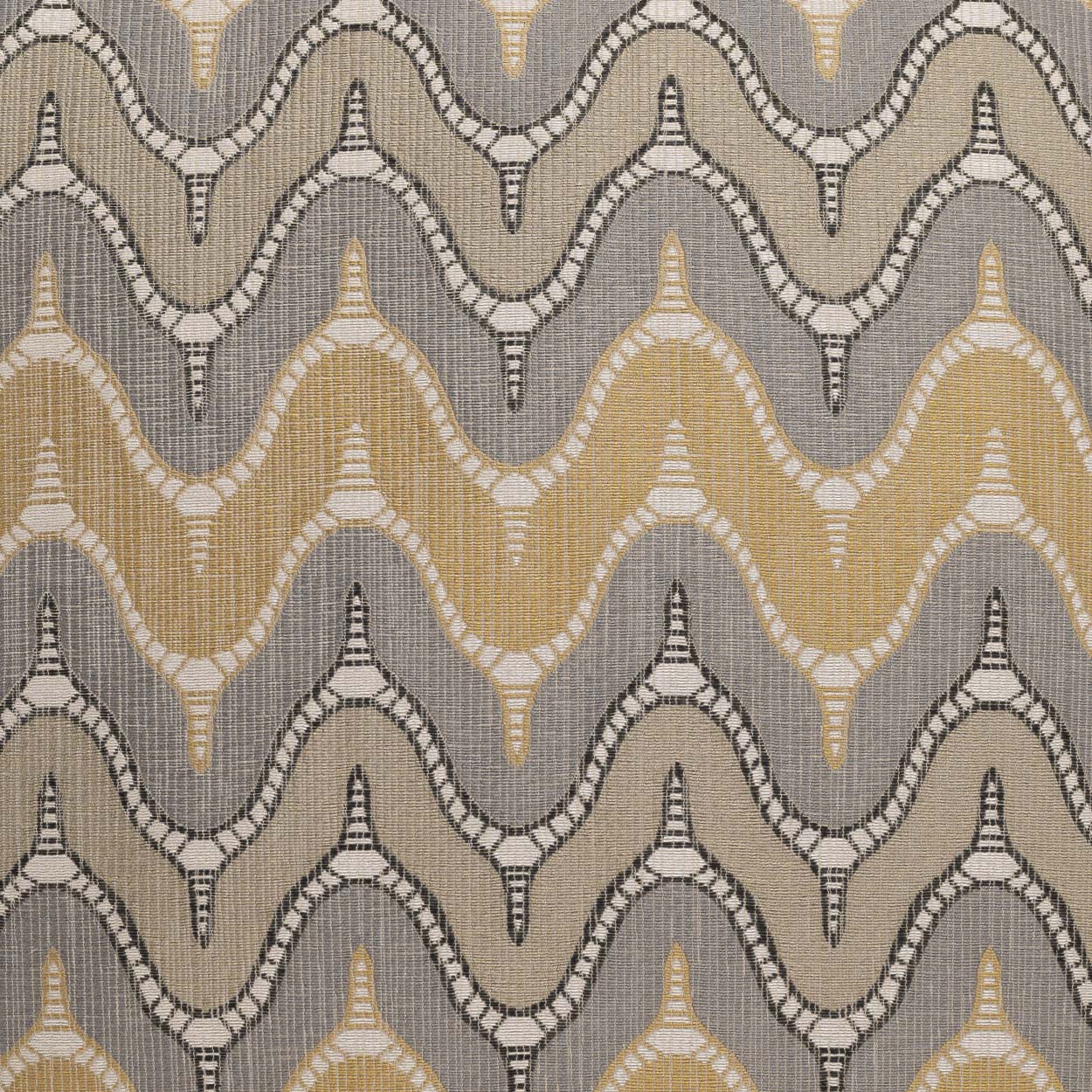 Woven fabric with repeating wavy arch motif in gray, beige and mustard with white accents; upholstery textile.